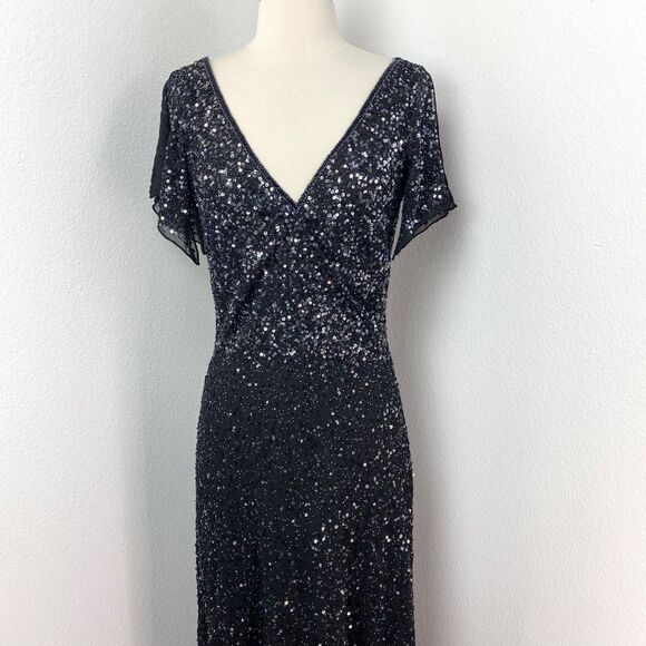 Vintage Black Bead Sequin Maxi Evening Dress Size 6 Formal Party Glam Goth Noir - Picture 2 of 13